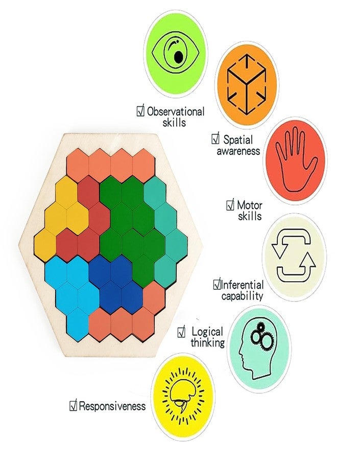 Wudly® Wooden Honeycomb Puzzle Board for Kids | Montessori Shape Matching Toy | Tangram Brain Storming Toy for Kids & Adults | Educational Wooden Puzzle for Toddlers - Image 2